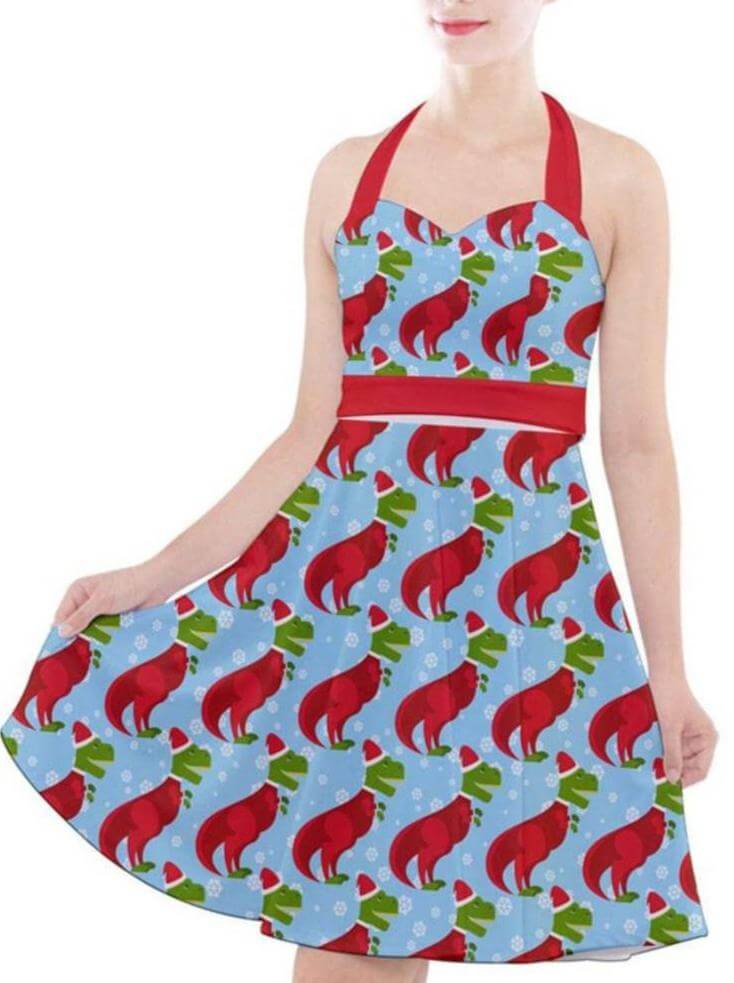 Christmas T Rex Dinosaur Halter Party Swing Dress