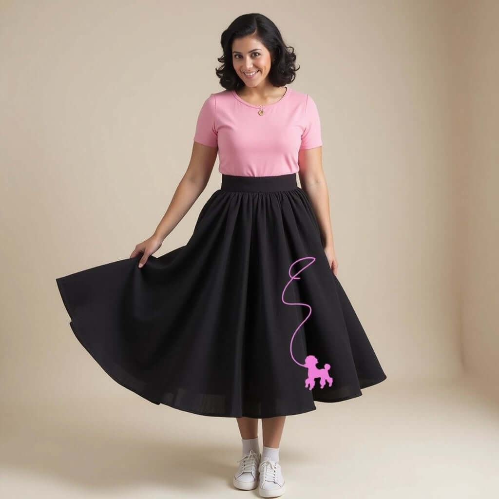 Woman wearing a black poodle skirt with a pink top and playful poodle design, showcasing vintage 1950s fashion style.