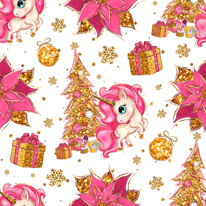 Christmas unicorn print with pink unicorns, festive gifts, golden ornaments, and vibrant poinsettias on a white background.