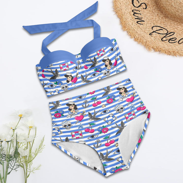 Sailor Gal Retro High Waist Bikini with halter neck and nautical print, perfect for beach or pool.