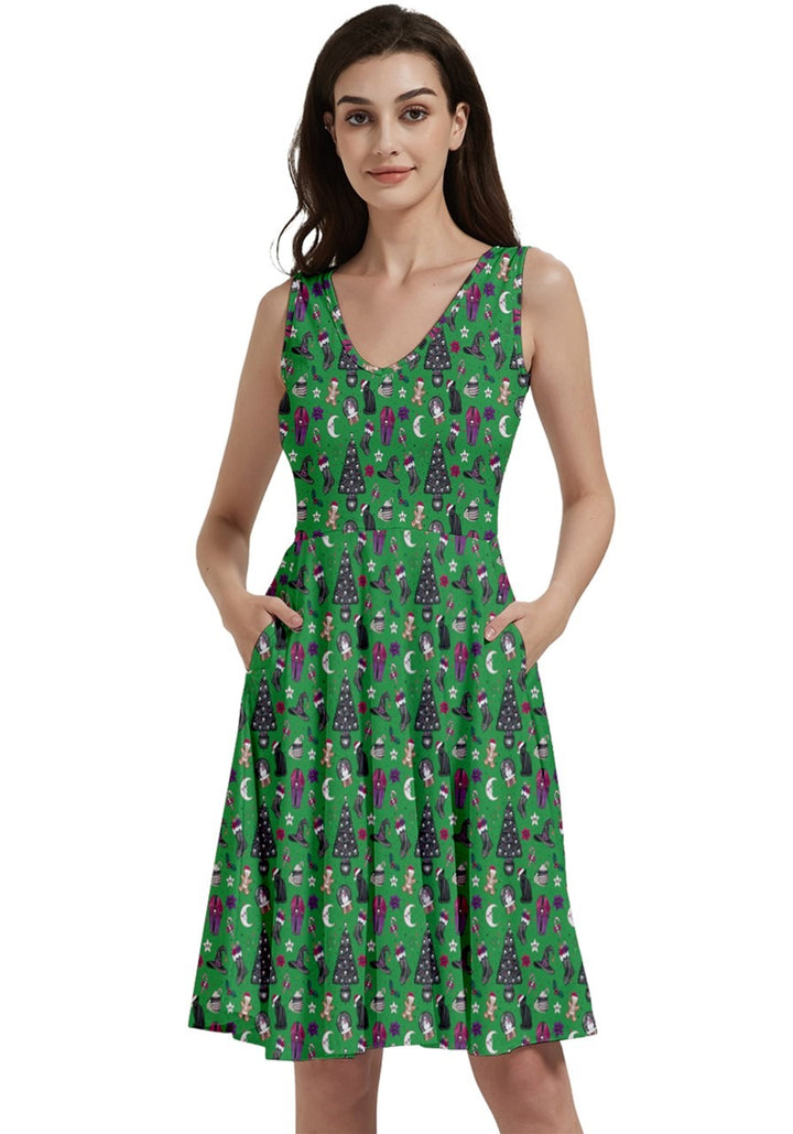 Creepy Christmas V-Neck Skater Dress with Pockets - Poison Arrow Retro