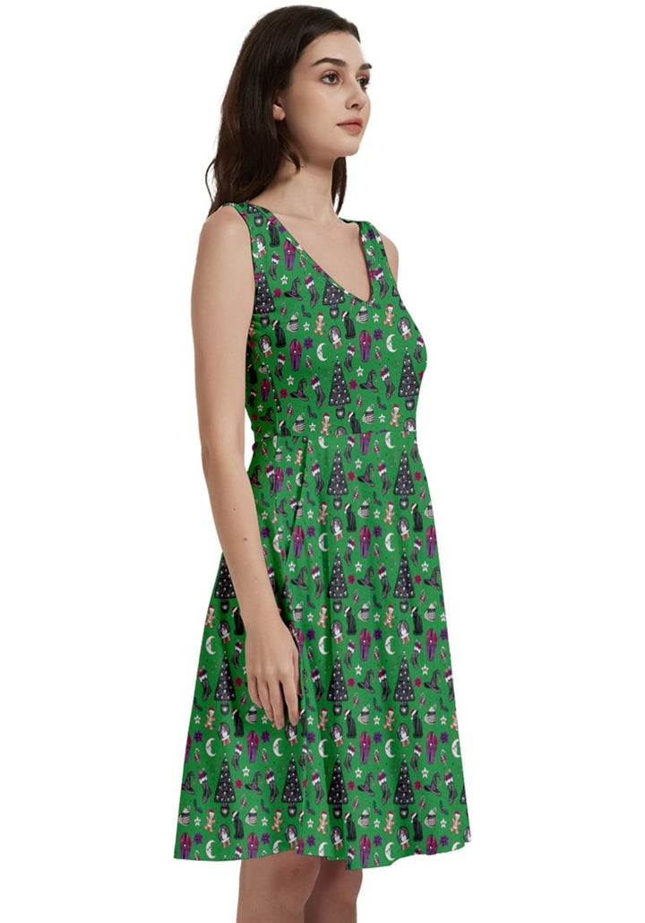 Creepy Christmas V-Neck Skater Dress with Pockets - Poison Arrow Retro