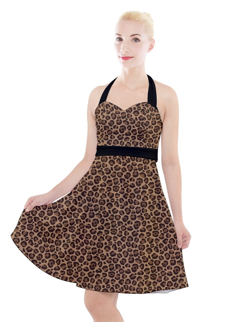 Leopard Halter Party Swing Dress - Poison Arrow Retro