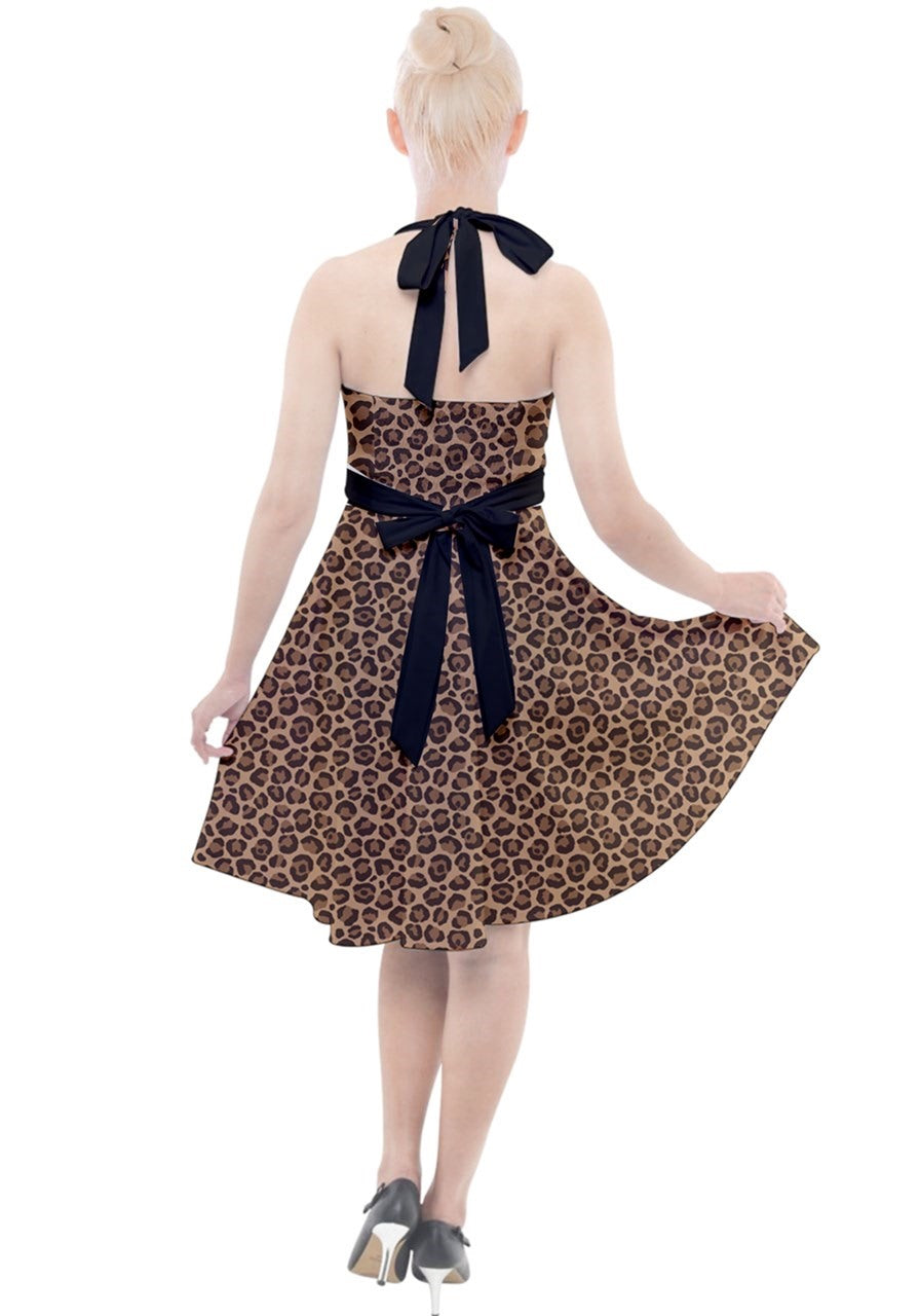 Leopard Halter Party Swing Dress - Poison Arrow Retro