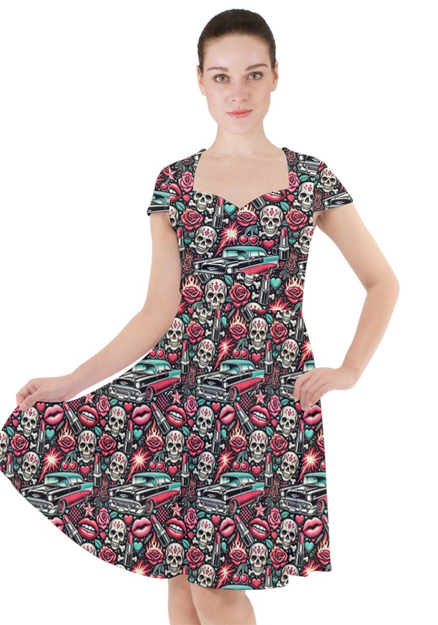 Rebel Rose Cap Sleeve Midi Dress With Pockets