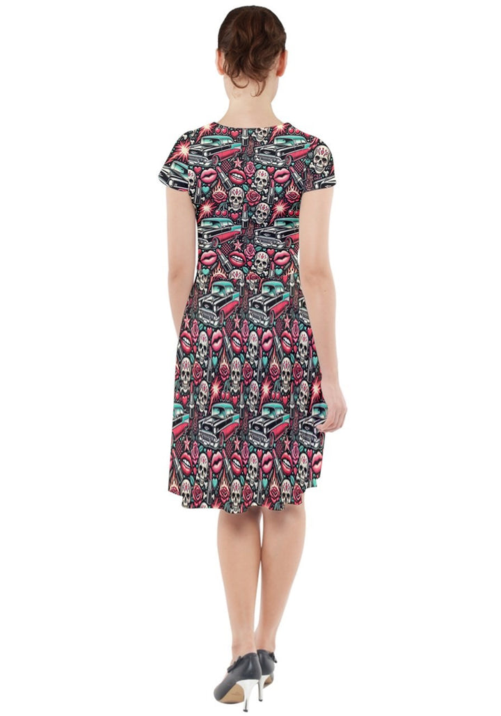 Rebel Rose Cap Sleeve Midi Dress With Pockets