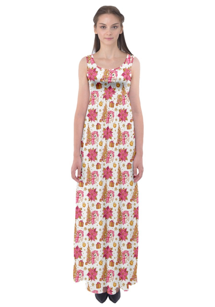 Elegant Christmas unicorn maxi dress featuring vibrant floral print and flattering empire waist design.