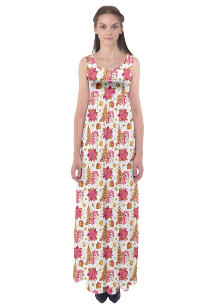 Elegant Christmas unicorn maxi dress featuring vibrant floral print and flattering empire waist design.