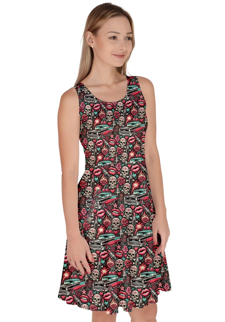 Rebel Rose Knee Length Skater Dress With Pockets