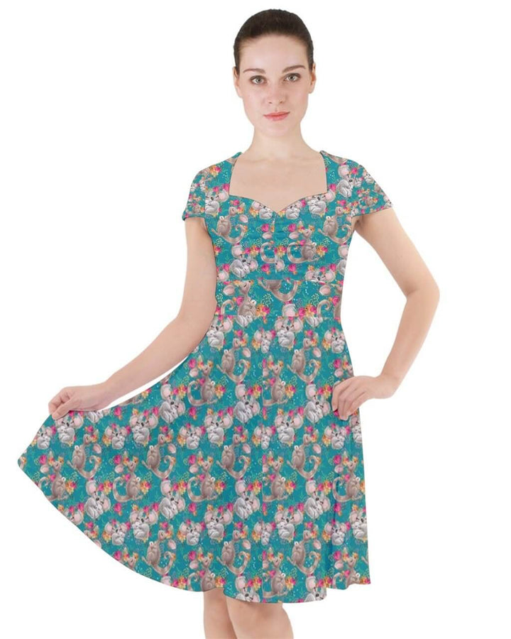 Bushland Beauties cap sleeve midi dress with koala and kangaroo print, featuring a flattering fit and pockets.