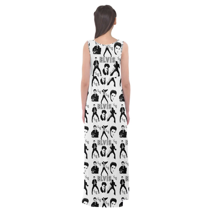 Back view of the Elvis Print Maxi Dress featuring iconic Elvis images on a stylish white fabric.