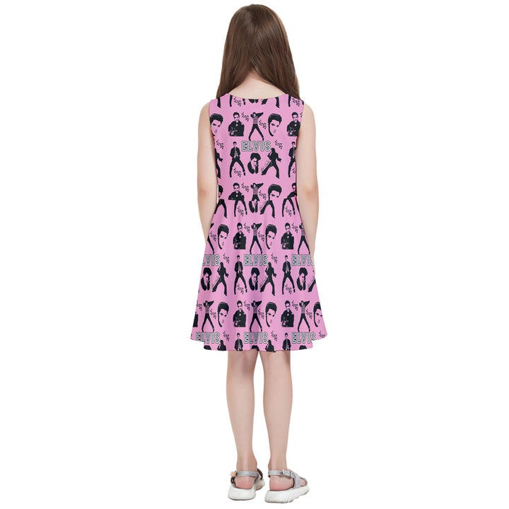 Back view of a pink Elvis Jailhouse Rock kids skater dress with playful Elvis prints, perfect for music-loving children.