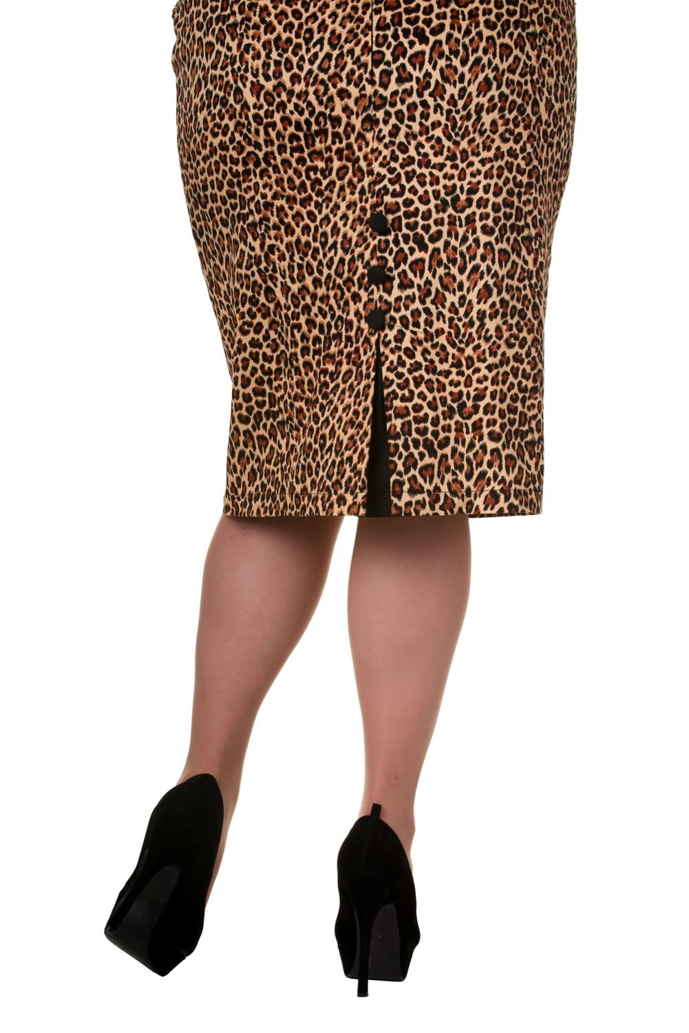 Plus size Tori Pencil Skirt in leopard print with button detail and side slit, paired with chic black high heels.