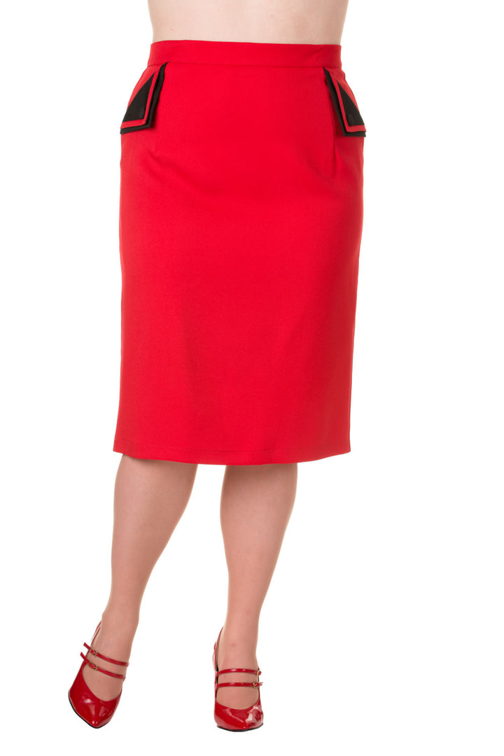 Classic Plus Size Tori Pencil Skirt in red with stylish side pockets and a fitted silhouette, perfect for elegant occasions.