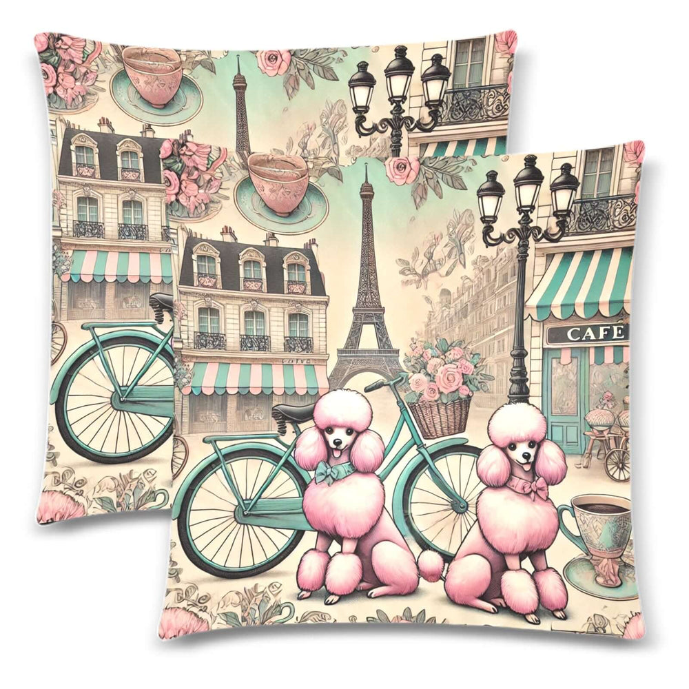 Poodle de Paris throw pillow covers featuring pink poodles, vintage bicycle, and Parisian streetscape design. Set of 2.