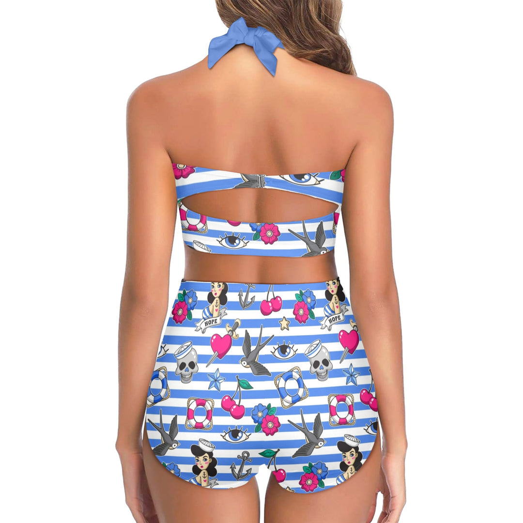 Back view of Sailor Gal Retro High Waist Bikini featuring a nautical print with playful motifs against a blue striped background.