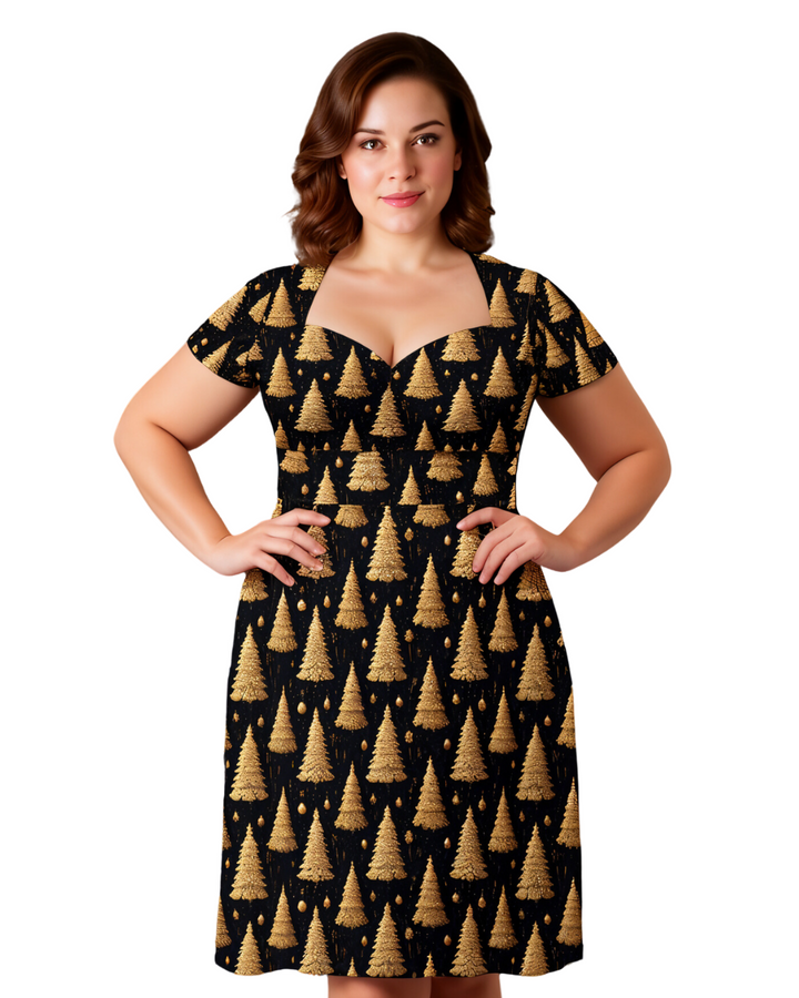 O Christmas Tree cap sleeve midi dress with pockets featuring gold tree pattern on black background, perfect for holiday events.