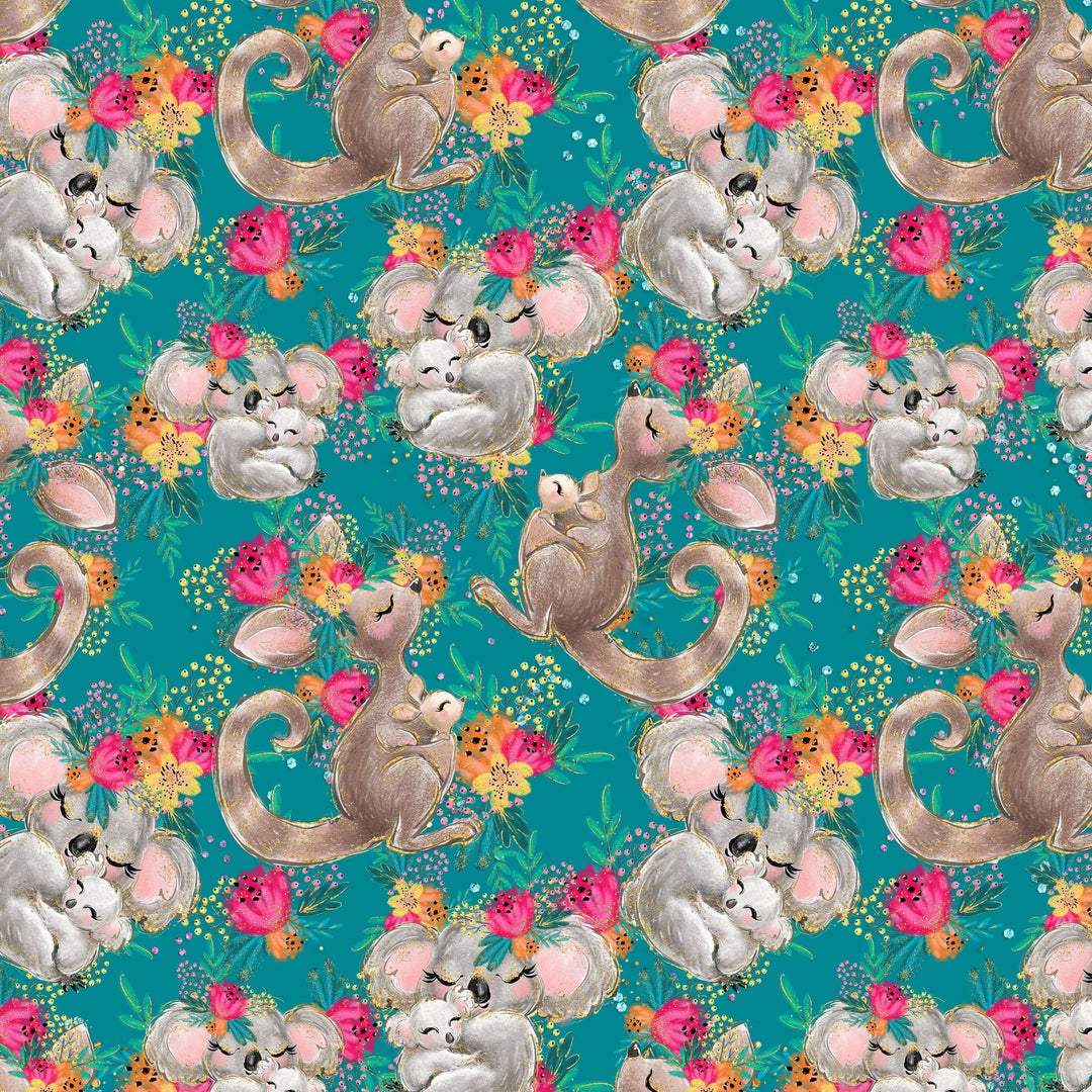 Colorful koala and kangaroo print pattern on a teal background featuring flowers, perfect for a Bushland Beauties dress.