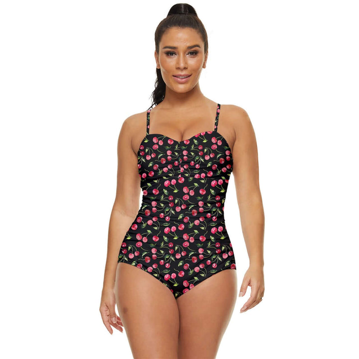 Cherry Bombshell Black Full Coverage Swimsuit [IN STOCK]