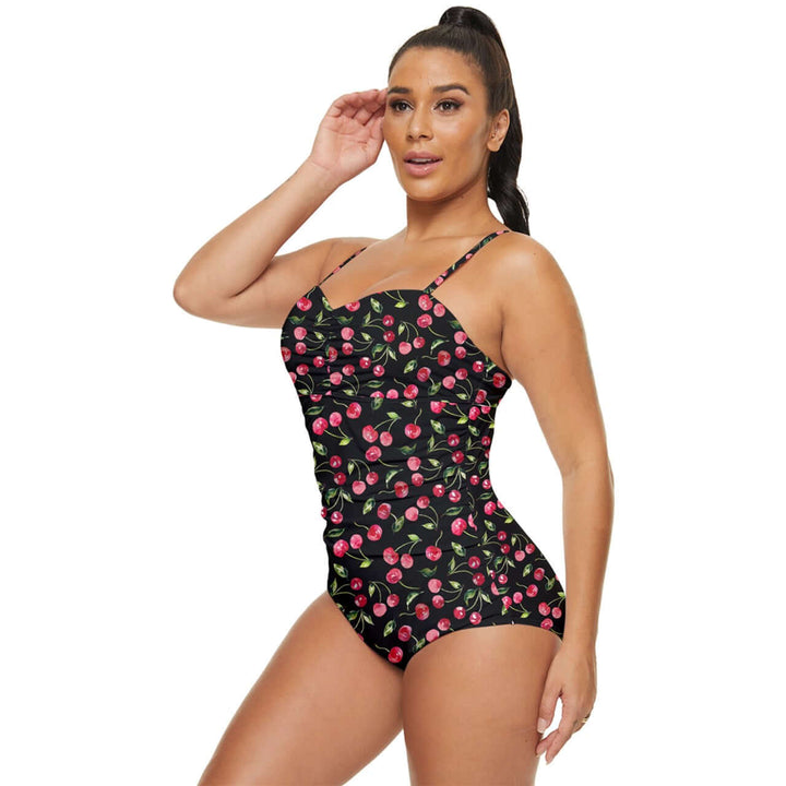 Cherry Bombshell Black Full Coverage Swimsuit [IN STOCK]