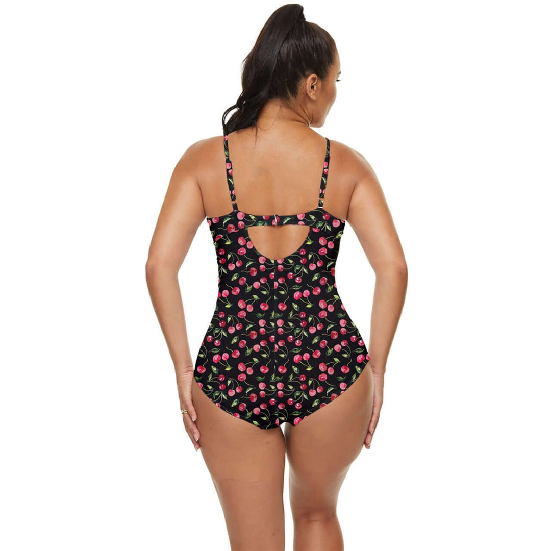 Cherry Bombshell Black Full Coverage Swimsuit [IN STOCK]