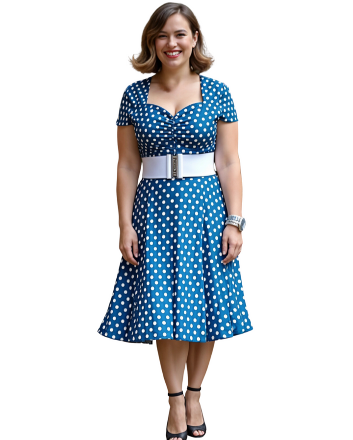 Teal Polka Dot Cap Sleeve Midi Dress With Pockets