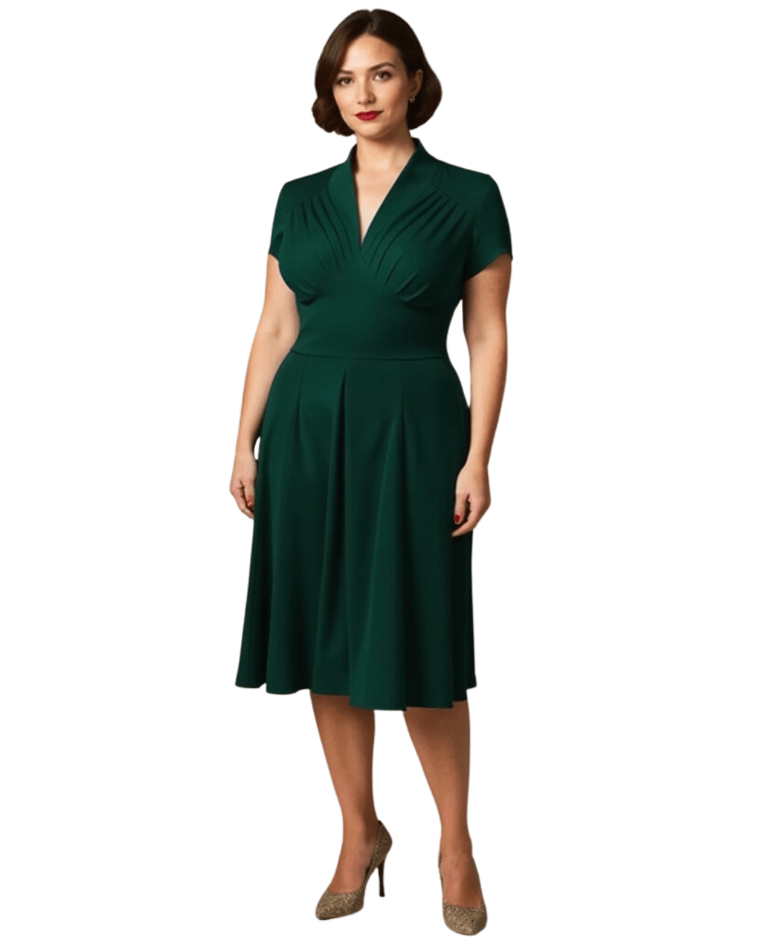 Timeless elegance vintage dress in dark green with cap sleeves, flattering silhouette, knee-length style for retro fashion lovers.