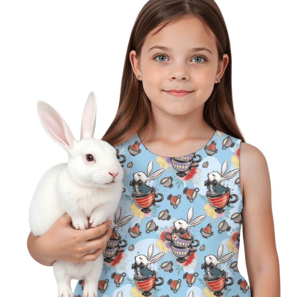 Girl wearing Alice in Wonderland skater dress holding a white rabbit, showcasing whimsical design and colorful prints.