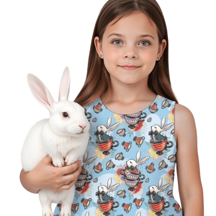 Girl wearing Alice in Wonderland skater dress holding a white rabbit, showcasing whimsical design and colorful prints.