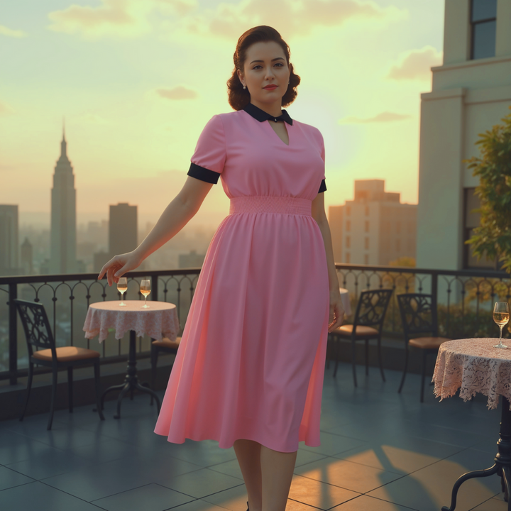 AVA 1940s Vintage Keyhole Neckline Dress Pink/Black