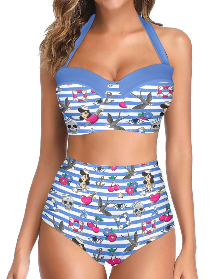 Sailor Gal Retro High Waist Bikini featuring a halter neck and nautical print, ideal for beach or pool outings.