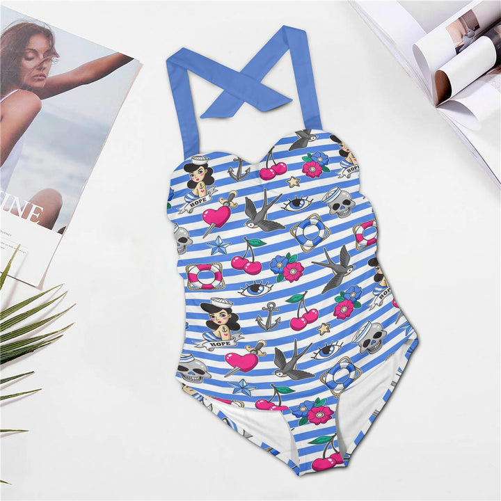 Sailor Gal Halter Underwire Swimsuit with nautical print, blue straps, and rockabilly design for a stylish beach look.