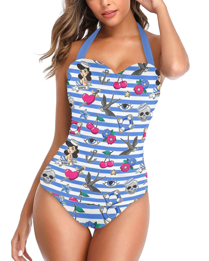 Sailor Gal Halter Underwire Swimsuit with nautical print featuring hearts, flowers, and sailor designs in blue and white stripes.