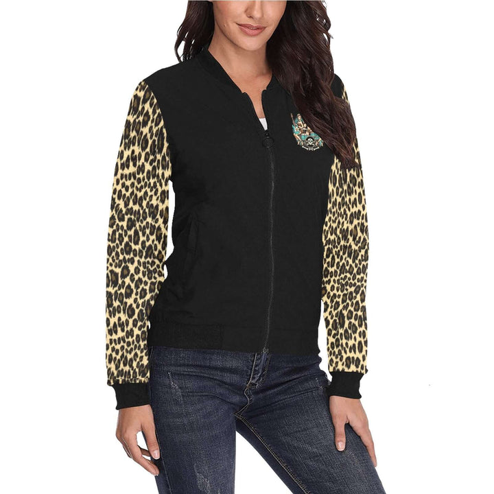 Bone Shaker Babes Women's Bomber Jacket with leopard print sleeves, stylish and retro, perfect for layering and everyday wear.