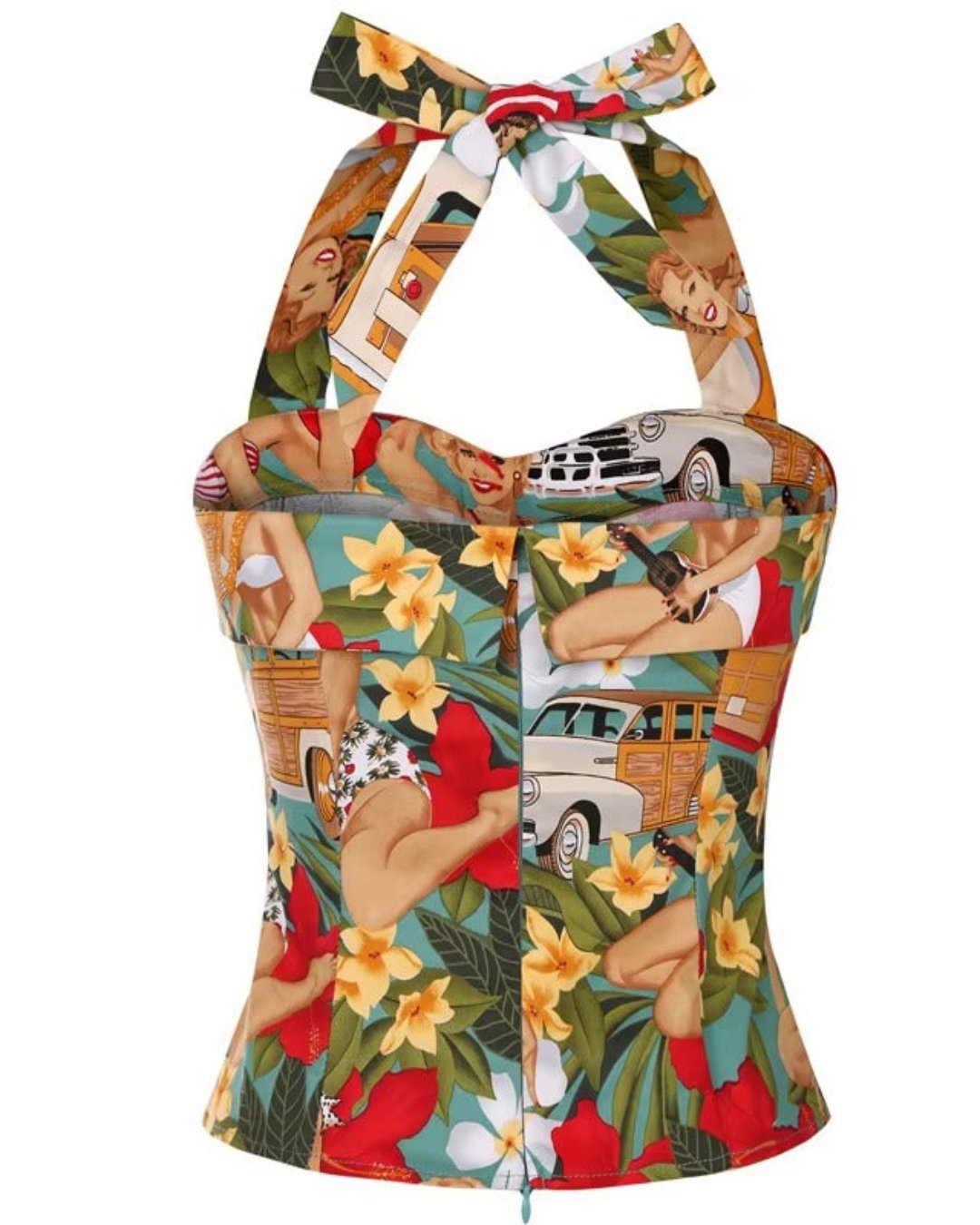 Tropical Pinups Halter Top featuring vibrant pinup girl print and vintage cars, perfect for summer style and retro charm.