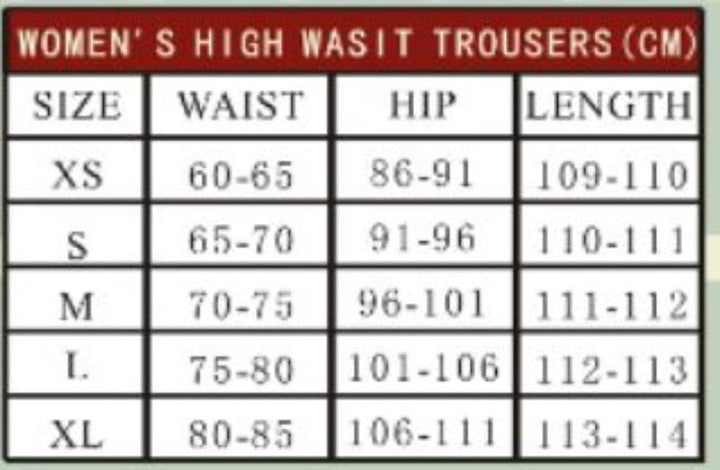 Size chart for women's high waist trousers, including measurements for waist, hip, and length in centimeters.