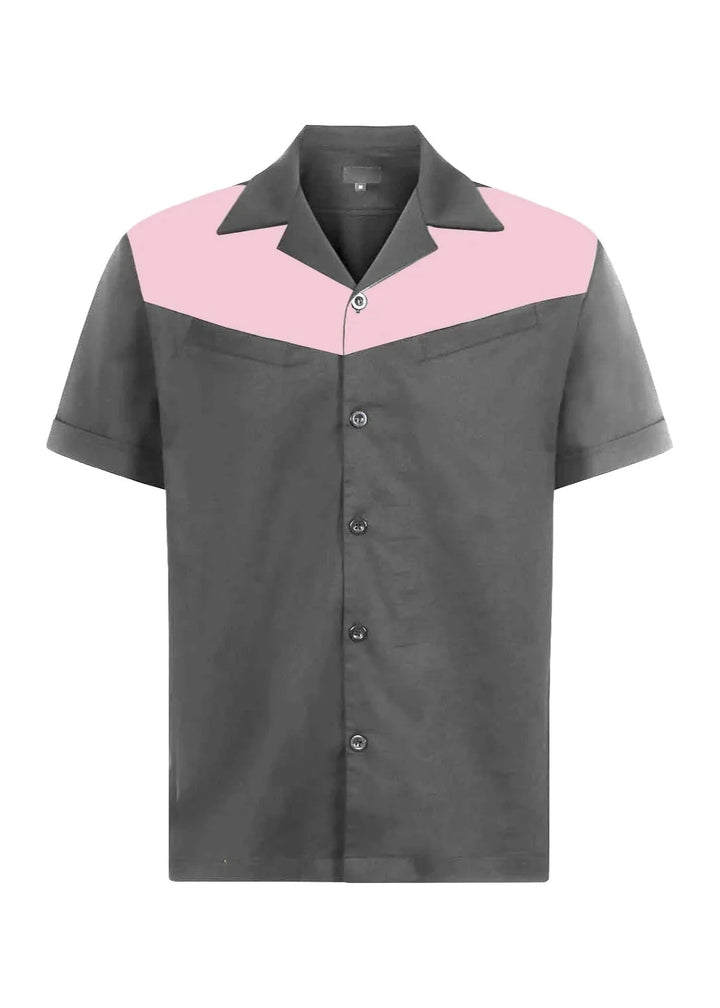 Mens Vintage Style Bowling Dress Shirt - Grey/Pink - Poison Arrow Retro