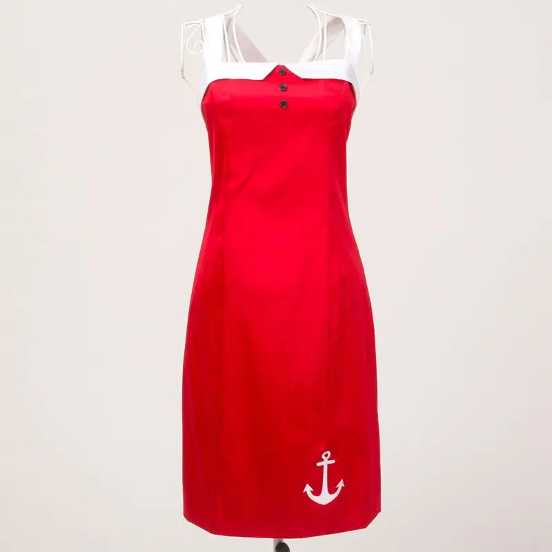 Bright red nautical pencil dress featuring anchor detail and button accents, perfect for summer fashion.