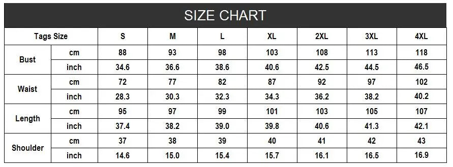 Size chart for clothing including measurements for bust, waist, length, and shoulder across various sizes from S to 4XL.