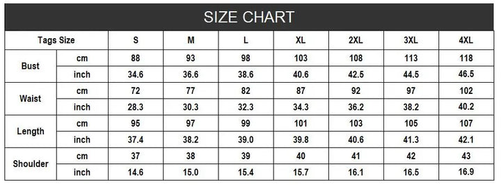 Size chart for clothing including measurements for bust, waist, length, and shoulder across various sizes from S to 4XL.