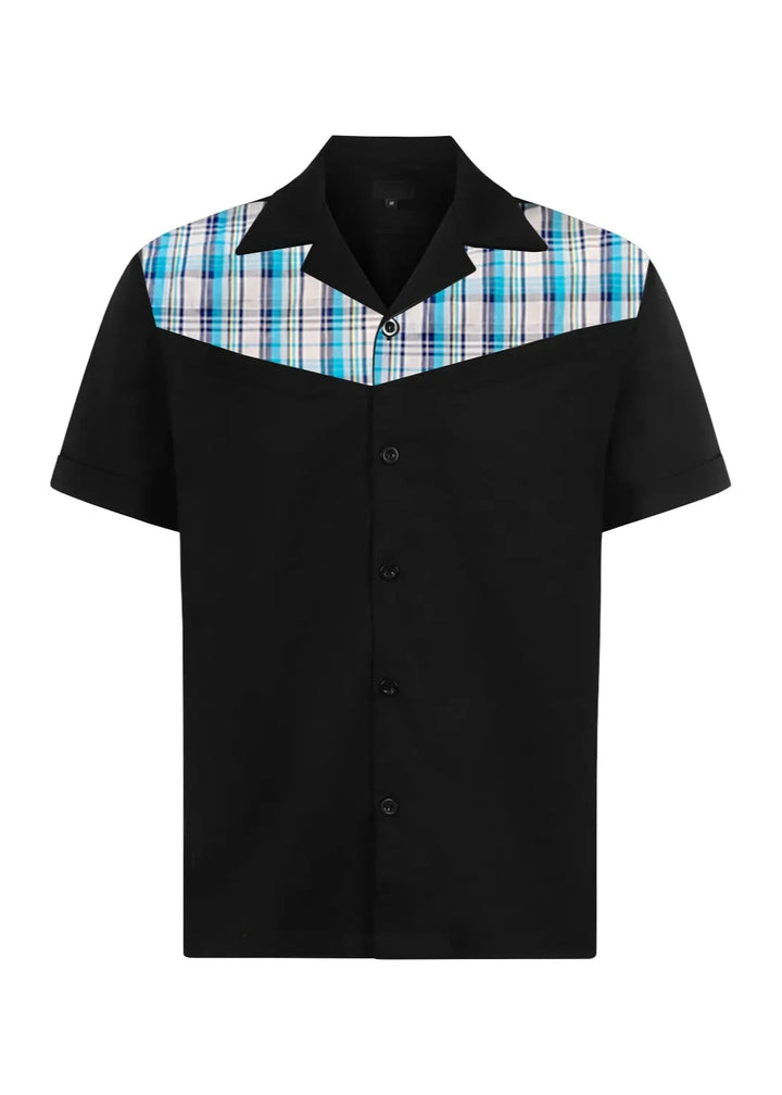 Mens Vintage Style Bowling Dress Shirt - Blue Plaid - Poison Arrow Retro