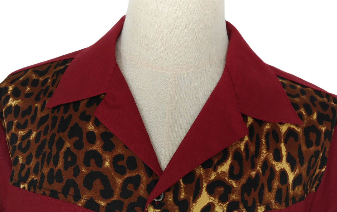 Mens Vintage Style Bowling Dress Shirt - Red Leopard