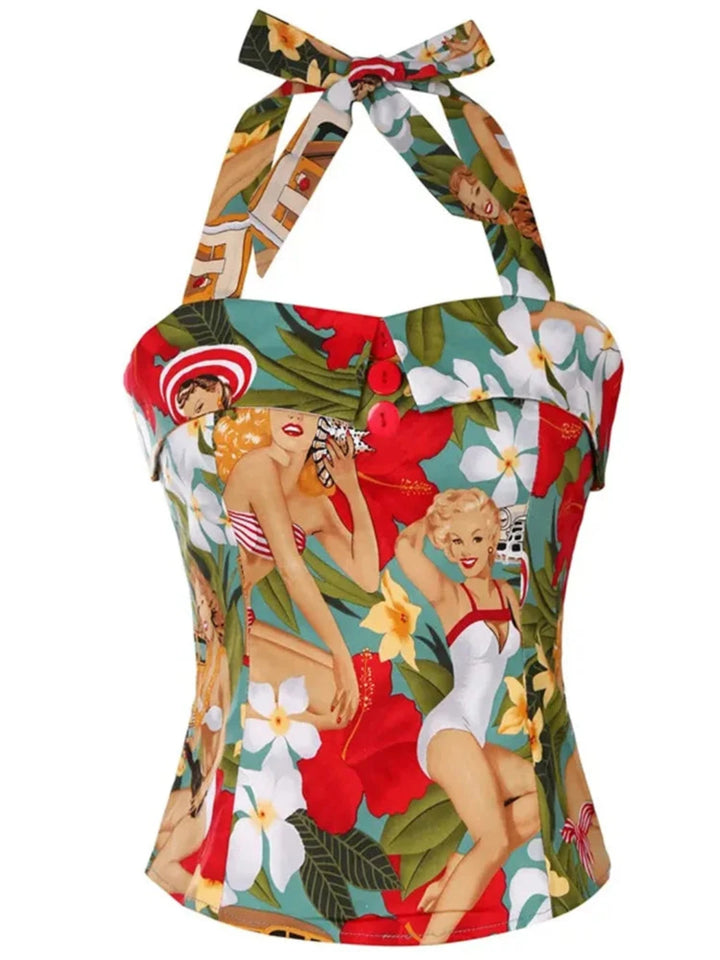 Tropical Pinups Halter Top with retro pinup girls and floral print, perfect for summer and beach outings.