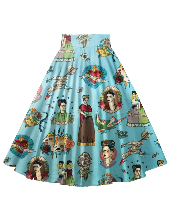 Frida Cotton Full Circle Skirt featuring vibrant Frida Kahlo-inspired print on a blue background, with elegant full-circle design.