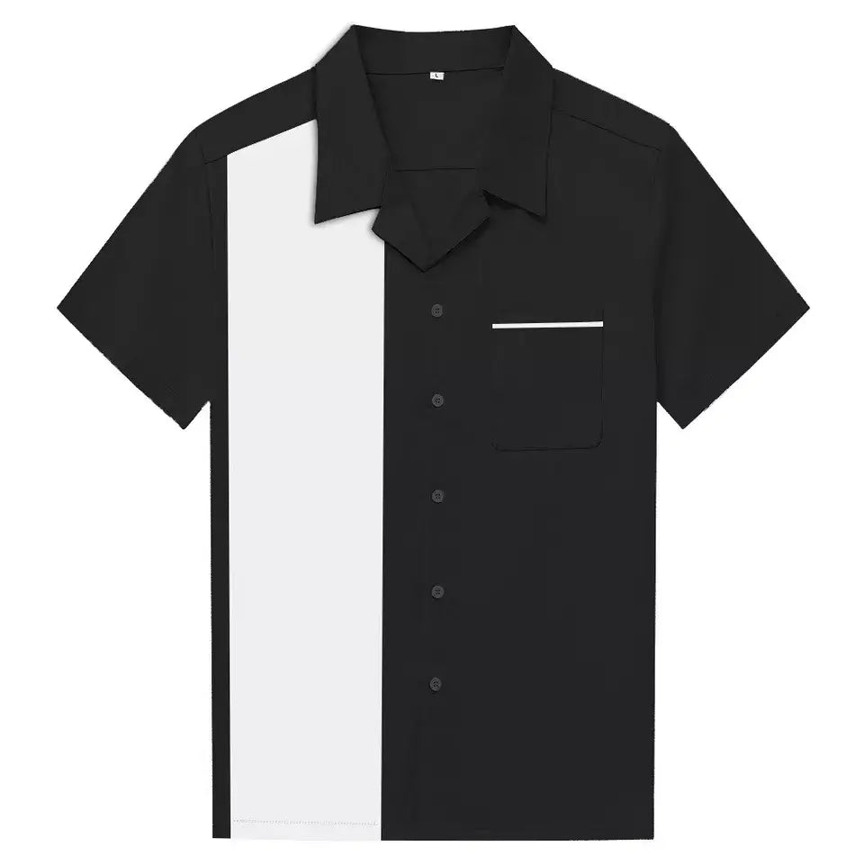 Men's vintage bowling shirt in black with white panel, short sleeves, made from cotton/spandex for comfort and style.