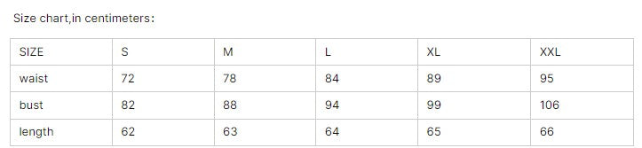 Size chart in centimeters for women's clothing, showing measurements for waist, bust, and length in sizes S to XXL.