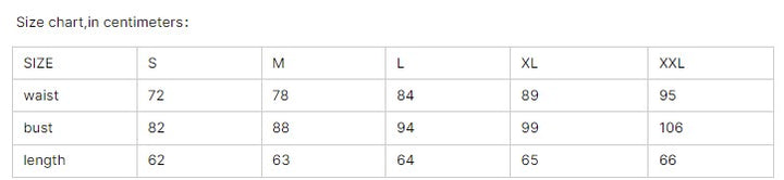 Size chart in centimeters for women's clothing, showing measurements for waist, bust, and length in sizes S to XXL.