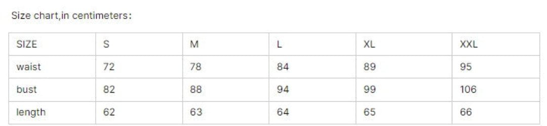 Size chart for Bridget retro top in centimeters, including measurements for bust, waist, and length in various sizes.