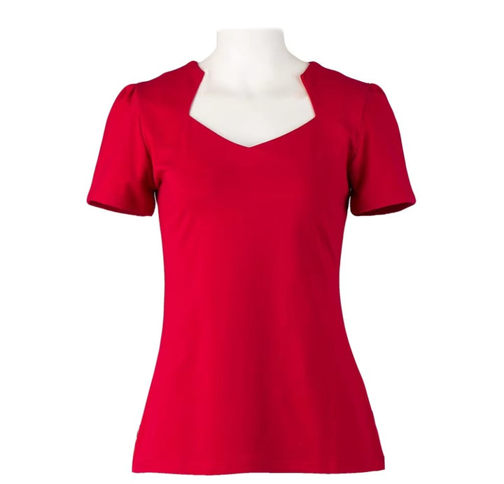 Bridget retro top in vibrant red, featuring a flattering v-neck and short sleeves, perfect for versatile styling.