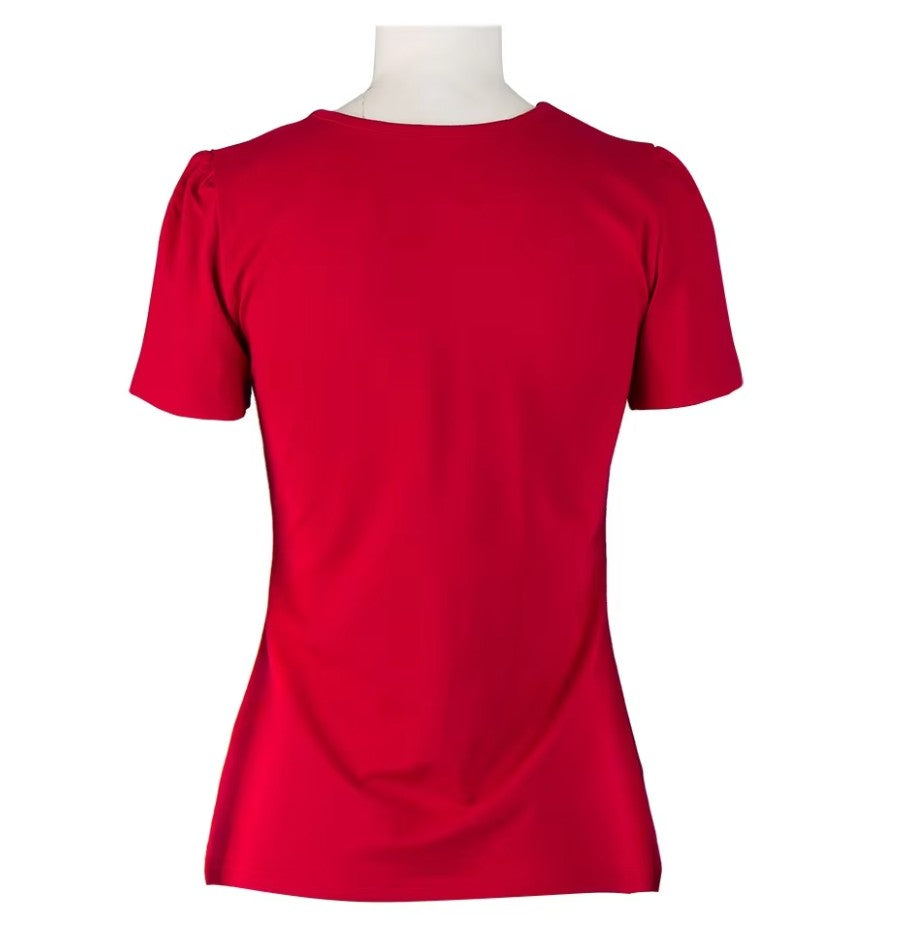 Back view of Bridget retro top in classic red, showcasing its flattering fit and short sleeves.